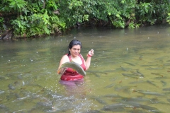 Suzy Cordova brincando com o cardume de  peixes piraputanga, no Balneáreo Estivado - Nobres (MT)